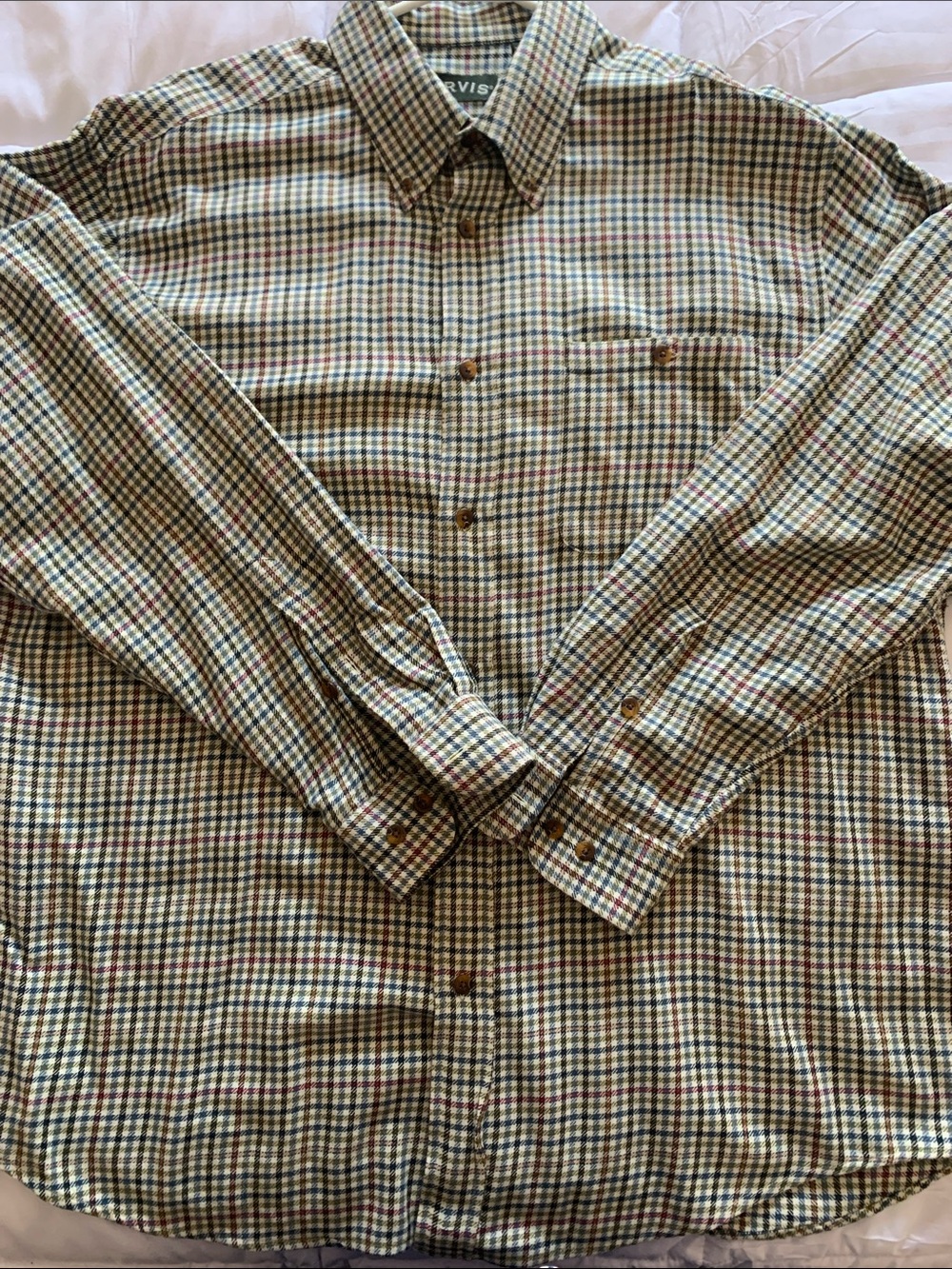 Orvis Men’s XL Beige Plaid Cotton Button-Down Shirt with Green & Navy Accents